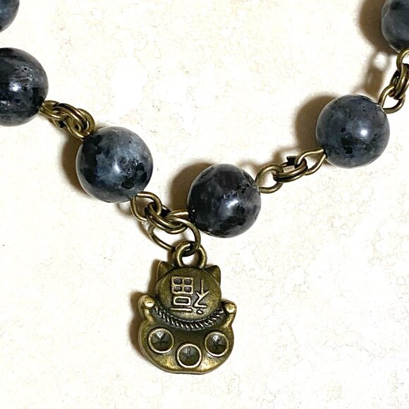 Natural Dark Larvikite Necklace, Bronze Fortune Cat + Genuine Gemstone Choker - Picture 7 of 14